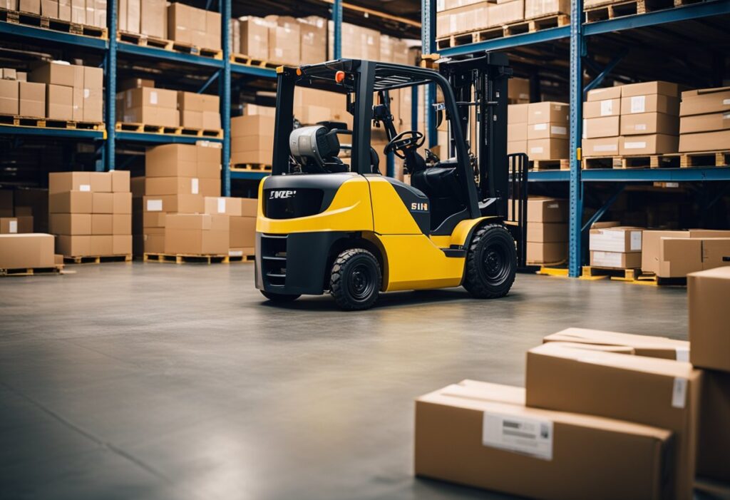 A forklift tipping over in a warehouse, causing scattered boxes and potential injury