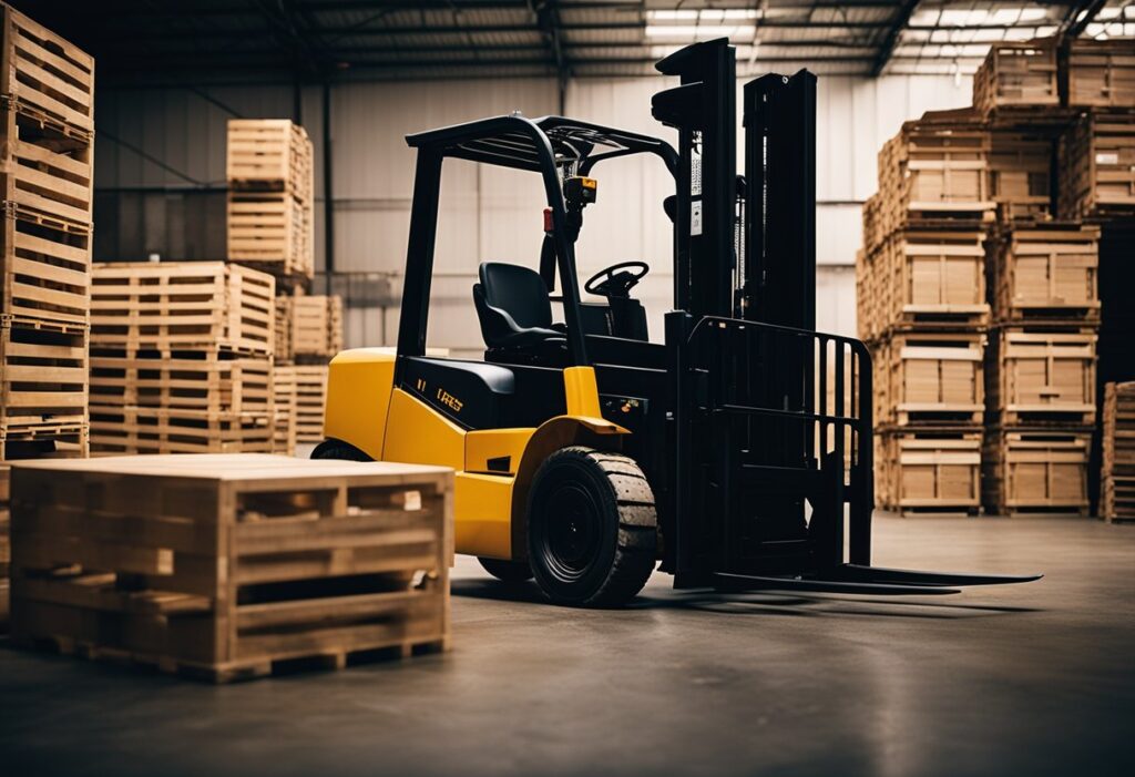 a forklift in a warehouse setting